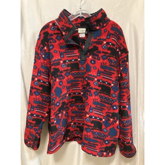 Vintage LL Bean Snap-T Fleece Jacket Women's L Men's M  Red AOP Moose Bear Fish - Picture 1 of 3